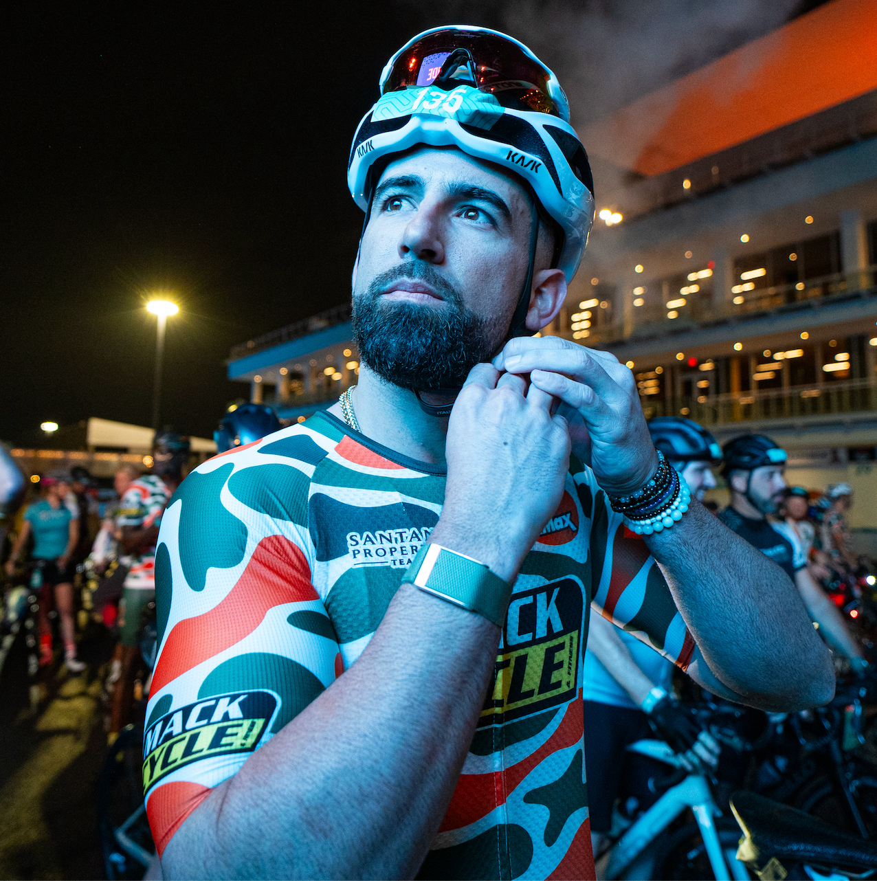 deven marrero wearing his goods by dax x mack cycle giordana vero forma lyte cycing jersey at the start of the 2024 dolphin's challenge cancer 99 mile bike ride