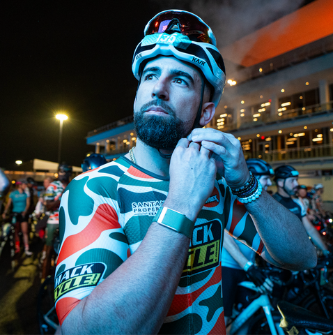 deven marrero wearing his goods by dax x mack cycle giordana vero forma lyte cycing jersey at the start of the 2024 dolphin's challenge cancer 99 mile bike ride