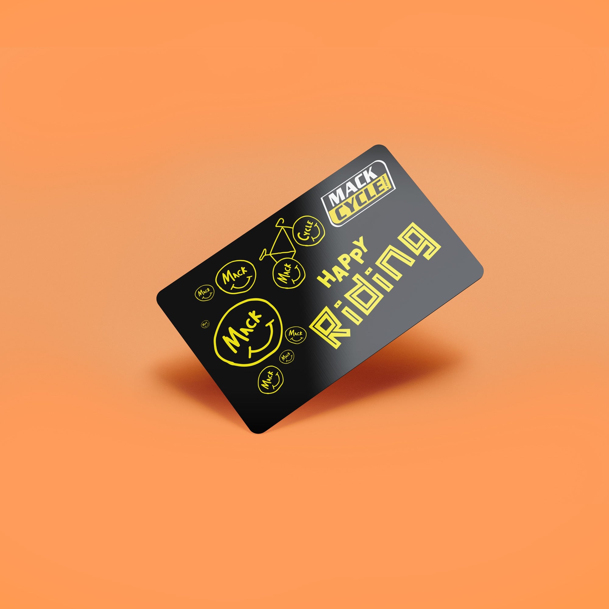 Happy Riding Mack Cycle Black & Yellow Gift Card on orange background